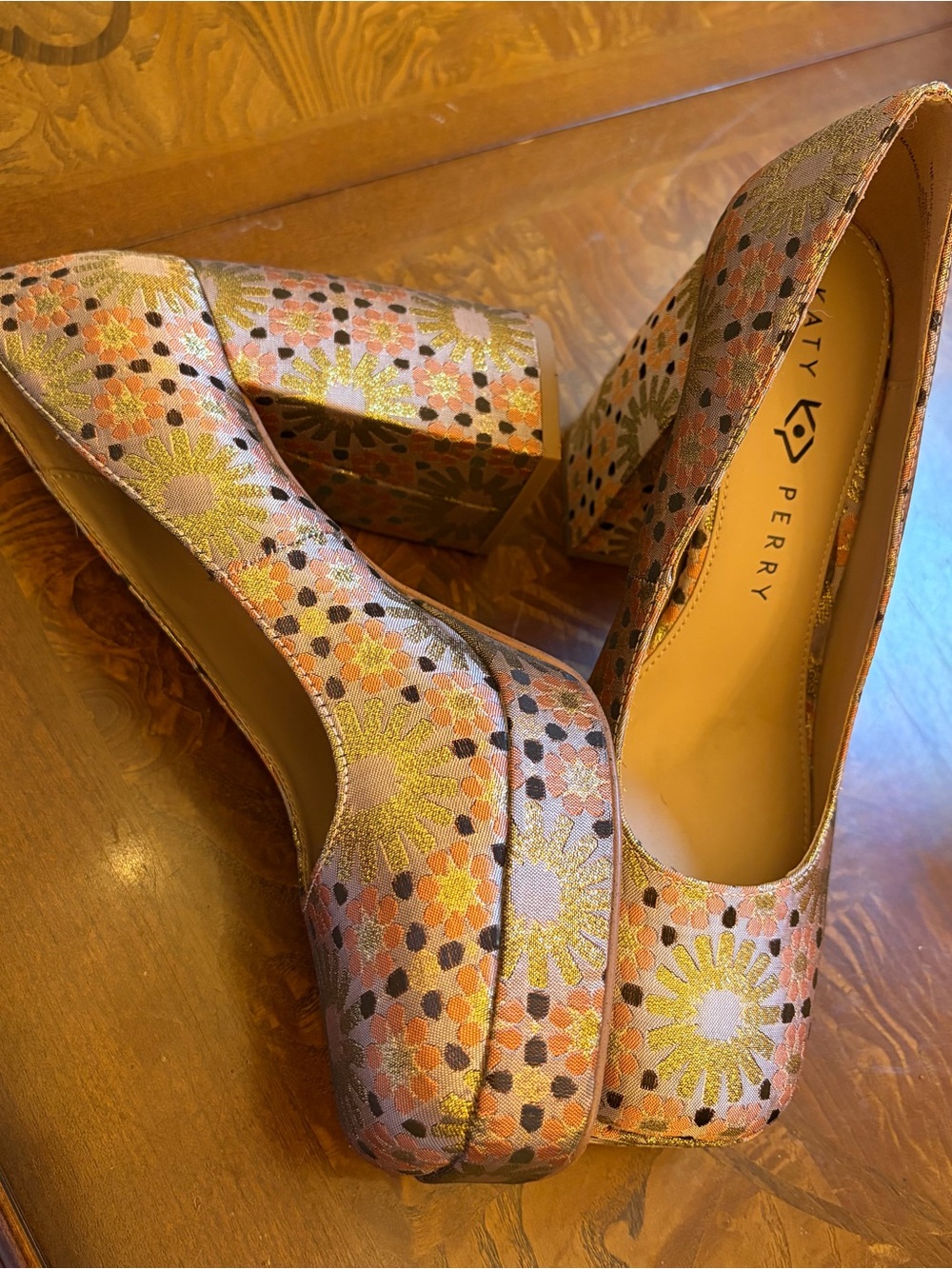 Katy Perry Collections Pink Gold Floral Platform Block Heels - Picture 12 of 14